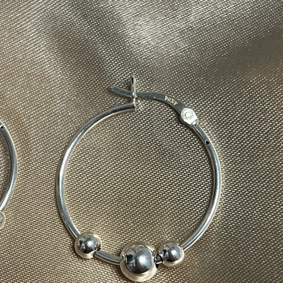 Sterling Silver Three 3 Ball Bead Hoop Earrings Classic Everyday Hoops - Picture 3 of 8